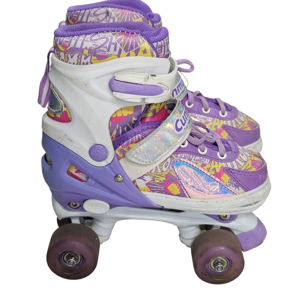 Cunmucu Kids Adjustable Quad Roller Skates Purple Graffiti Holographic Size M